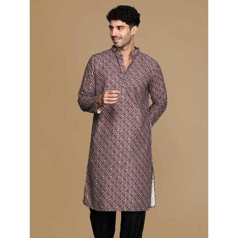 Sanwara Unleash Your Style With Men's Red Printed With Sequins Touch Up Fusion Wear Kurta (M)