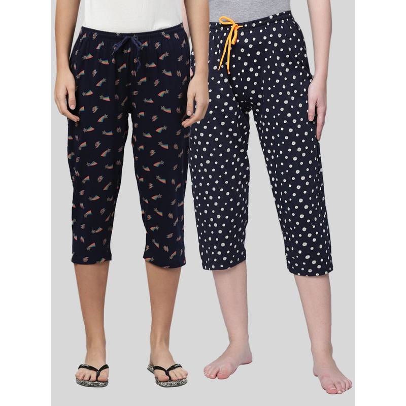 Kryptic Women Navy Printed Regular Fit Cotton Capris (Pack of 2) (S)