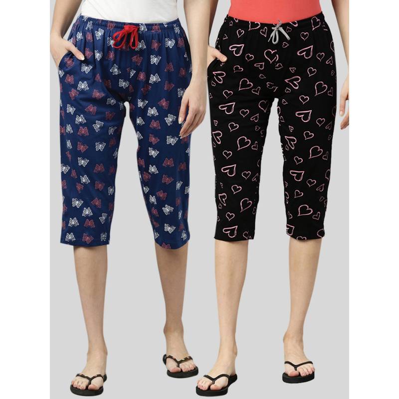 Kryptic Women Black & Navy Printed Regular Fit Cotton Capris (Pack of 2) (L)