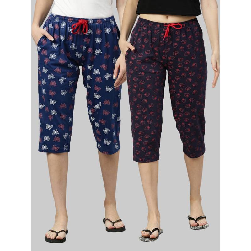 Kryptic Women Navy Printed Regular Fit Cotton Capris (Pack of 2) (S)