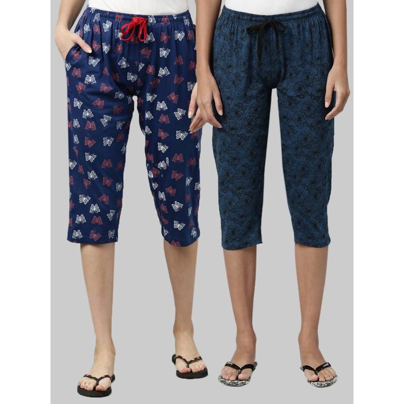 Kryptic Women Blue Printed Regular Fit Cotton Capris (Pack of 2) (S)