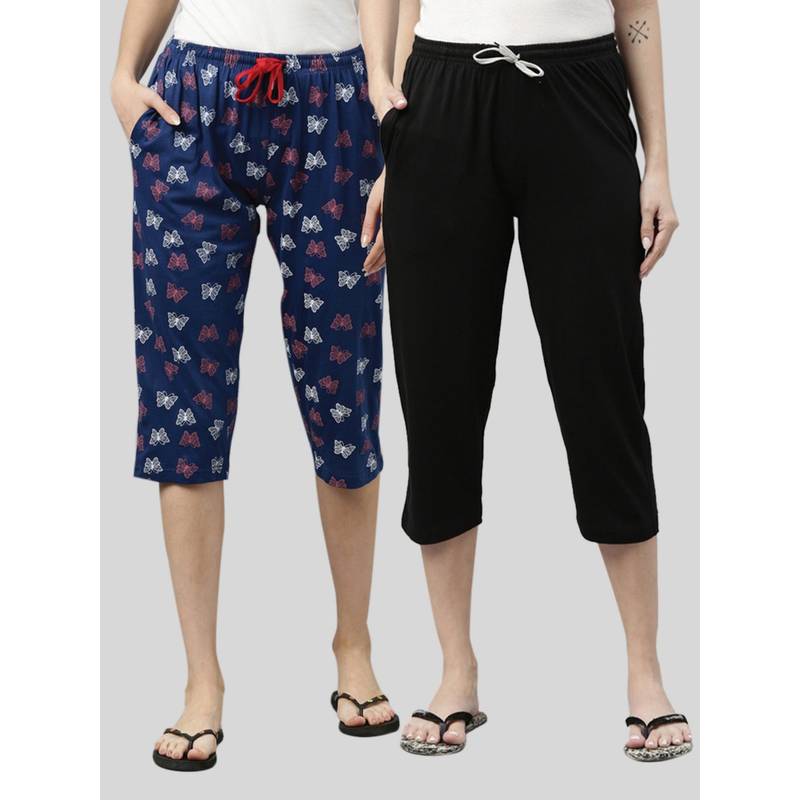 Kryptic Women Black & Navy Printed Regular Fit Cotton Capris (Pack of 2) (S)