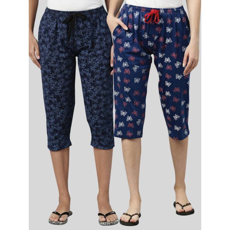 Kryptic Women Blue Printed Regular Fit Cotton Capris (Pack of 2) (S)