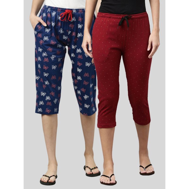 Kryptic Women Maroon & Navy Printed Regular Fit Cotton Capris (Pack of 2) (S)