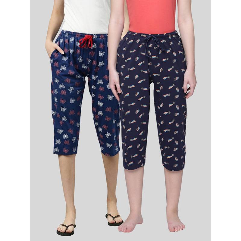 Kryptic Women Navy Printed Regular Fit Cotton Capris (Pack of 2) (M)