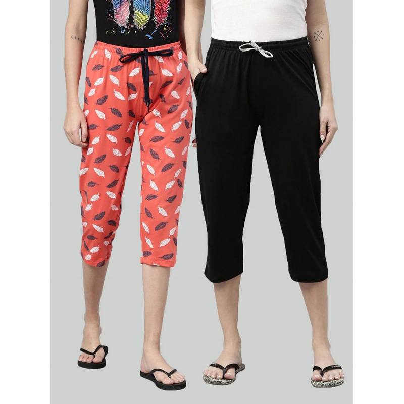 Kryptic Women Black & Coral Printed Regular Fit Cotton Capris (Pack of 2) (S)