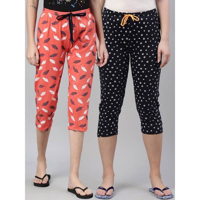 Kryptic Women Navy & Coral Printed Regular Fit Cotton Capris (Pack of 2) (S)