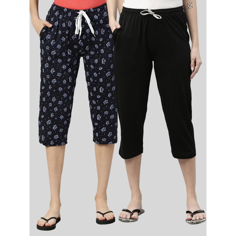 Kryptic Women Black & Navy Printed Regular Fit Cotton Capris (Pack of 2) (L)