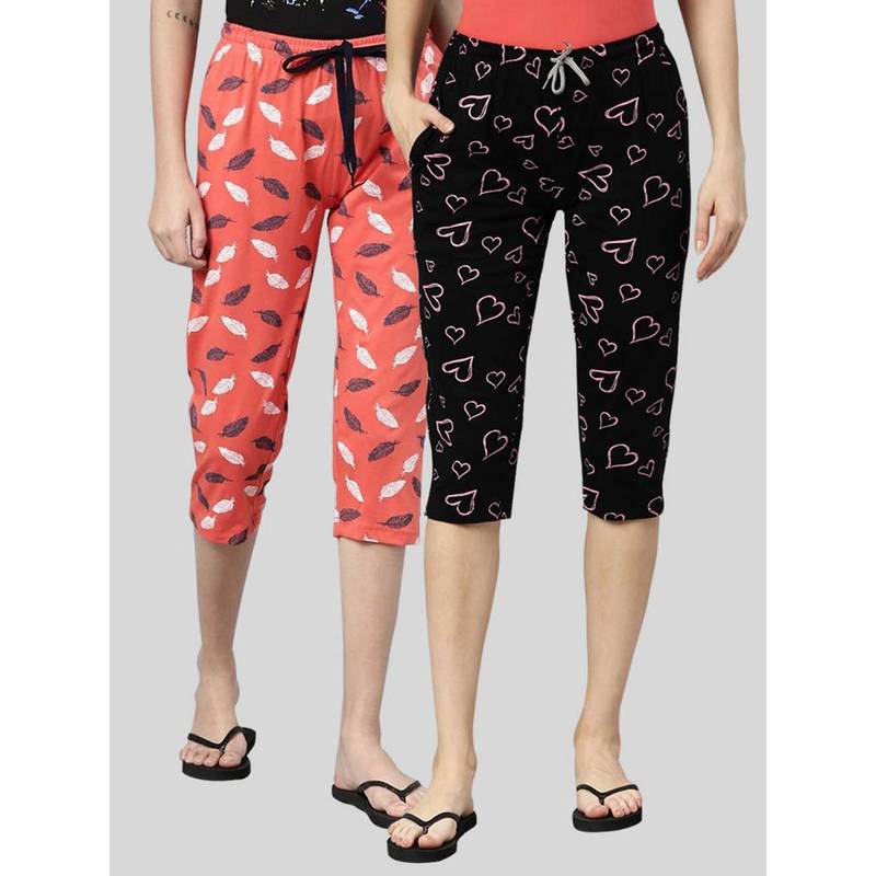 Kryptic Women Black & Coral Printed Regular Fit Cotton Capris (Pack of 2) (M)