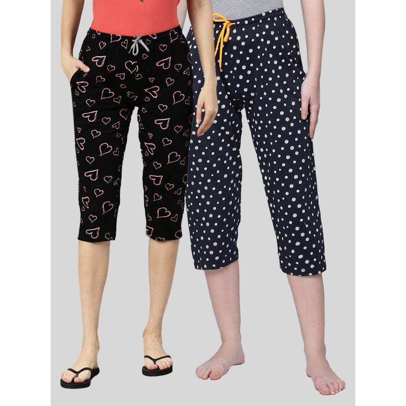 Kryptic Women Black & Navy Printed Regular Fit Cotton Capris (Pack of 2) (S)