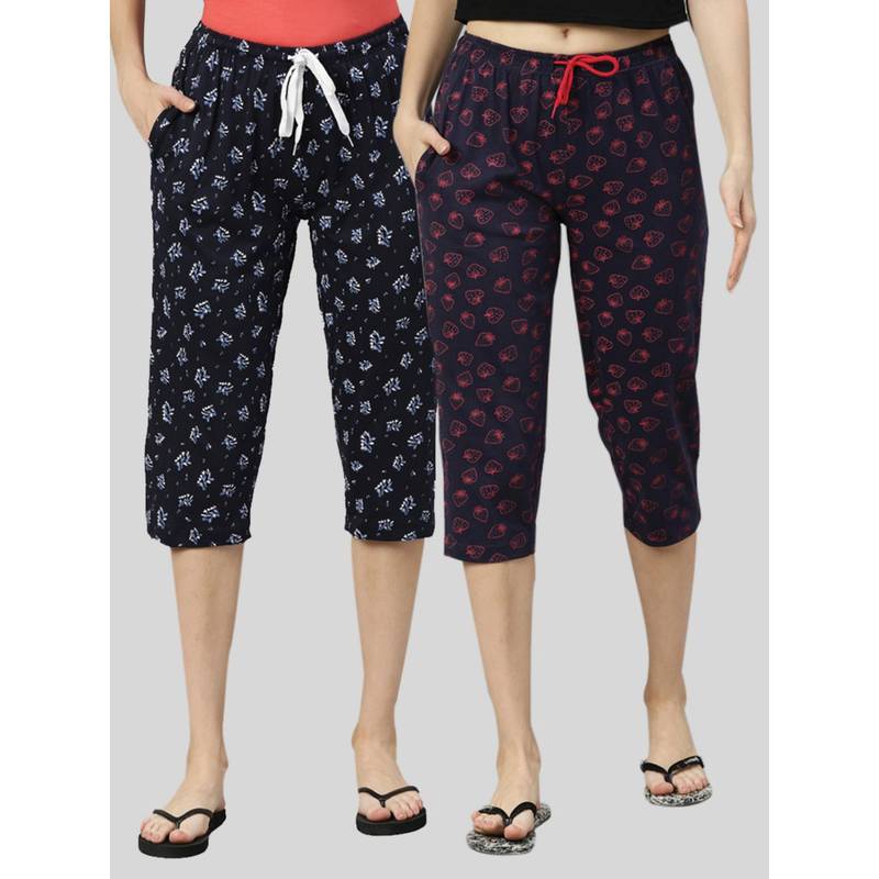 Kryptic Women Navy Printed Regular Fit Cotton Capris (Pack of 2) (M)