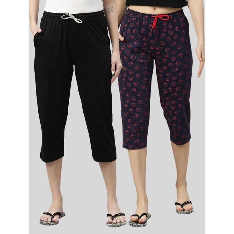 Kryptic Women Black & Navy Printed Regular Fit Cotton Capris (Pack of 2) (S)