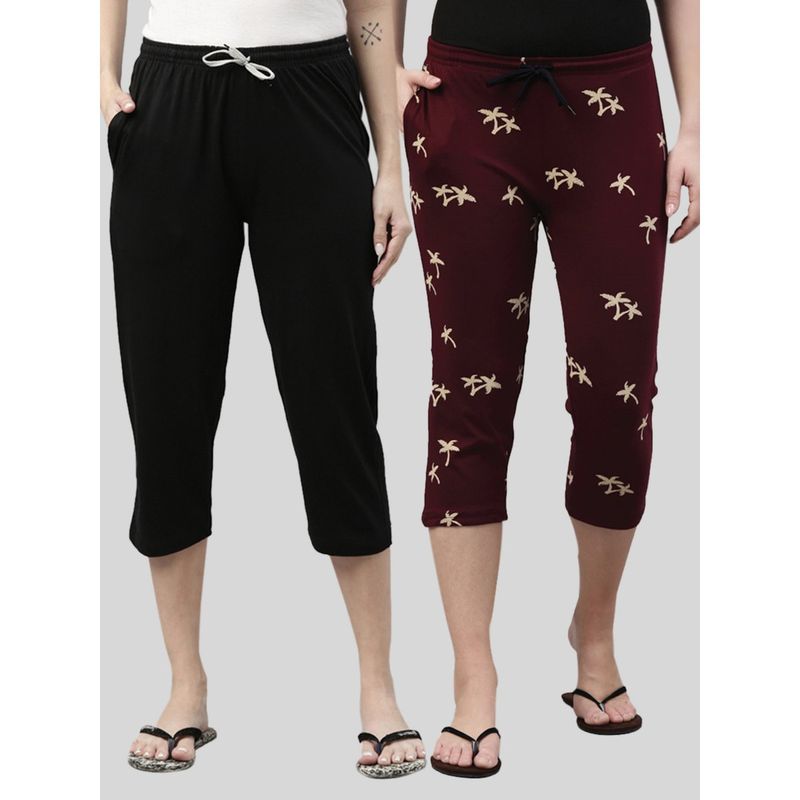 Kryptic Women Black & Maroon Printed Regular Fit Cotton Capris (Pack of 2) (2XL)