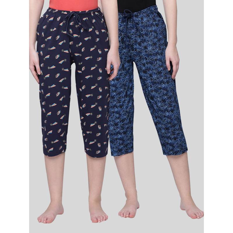 Kryptic Women Blue Printed Regular Fit Cotton Capris (Pack of 2) (M)