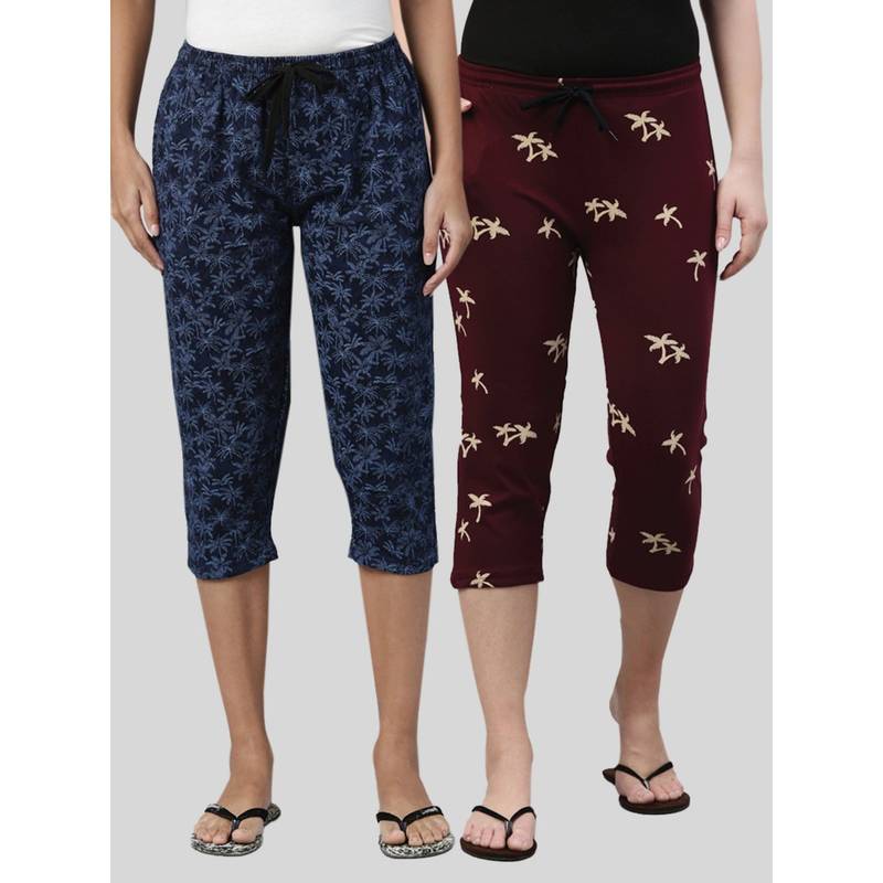 Kryptic Women Blue & Maroon Printed Regular Fit Cotton Capris (Pack of 2) (L)