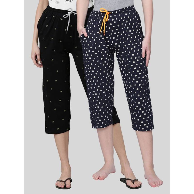 Kryptic Women Navy Blue & Black Printed Regular Fit Cotton Capris (Pack of 2) (S)