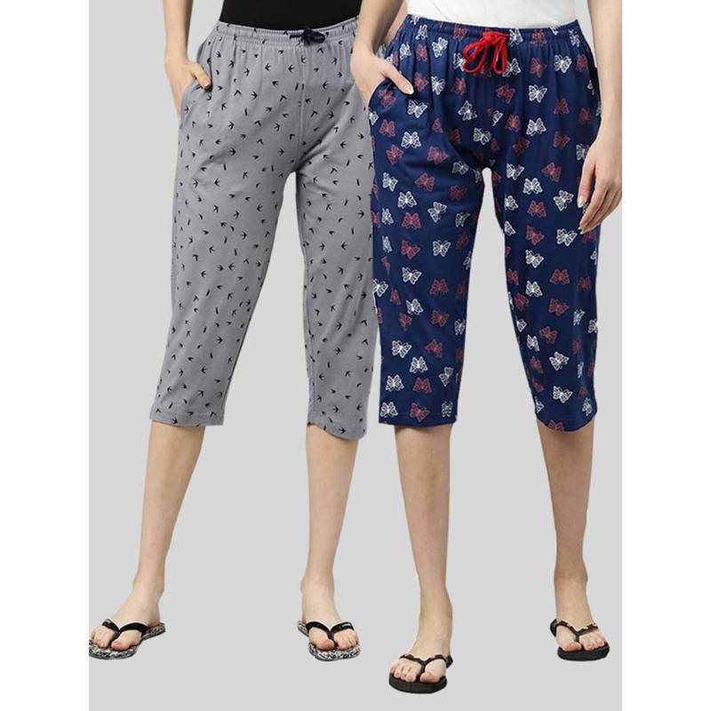 Kryptic Women Grey & Navy Printed Regular Fit Cotton Capris (Pack of 2) (XL)