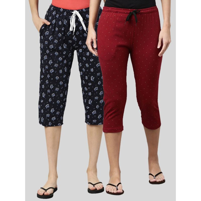Kryptic Women Maroon & Navy Printed Regular Fit Cotton Capris (Pack of 2) (M)