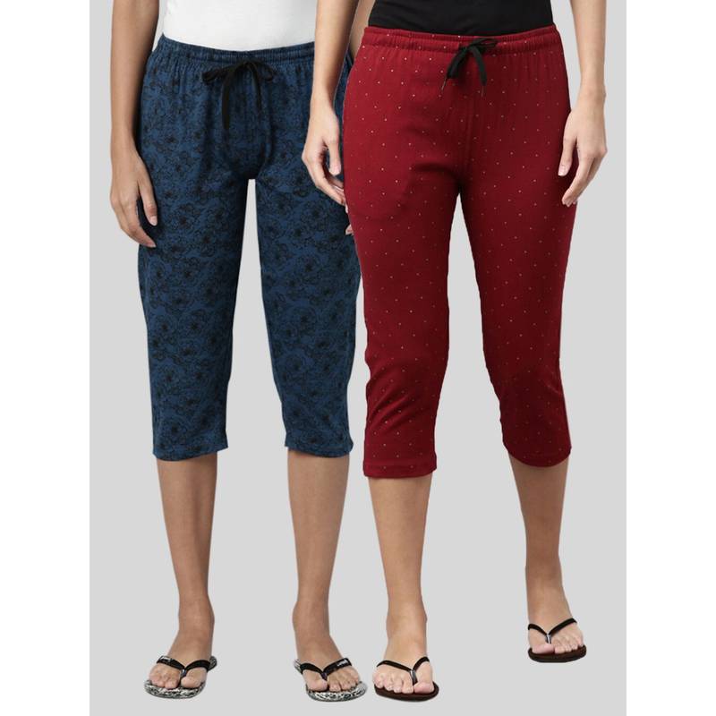 Kryptic Women Maroon & Teal Blue Printed Regular Fit Cotton Capris (Pack of 2) (M)