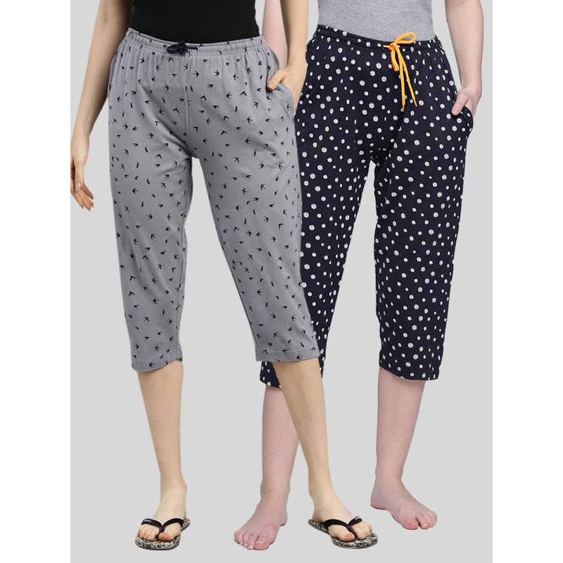 Kryptic Women Navy Blue & Grey Printed Regular Fit Cotton Capris (Pack of 2) (M)