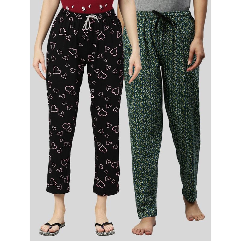 Kryptic Women Black Printed Pure Cotton Lounge Pants (Pack of 2) (S)