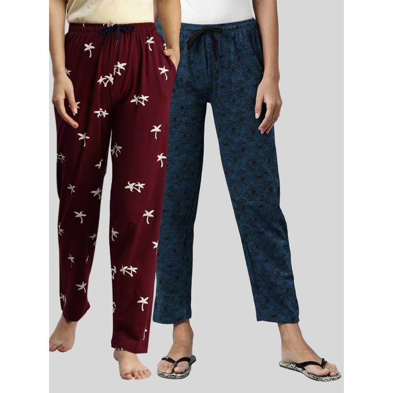 Kryptic Women Maroon & Teal Blue Printed Pure Cotton Lounge Pants (Pack of 2) (XL)