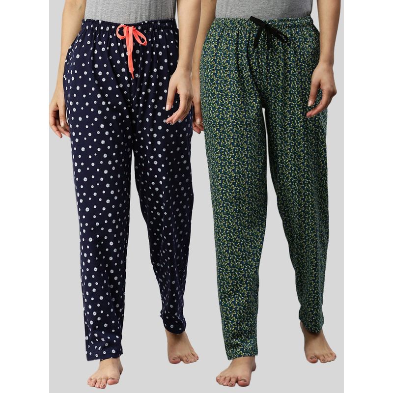 Kryptic Women Green & Navy Printed Pure Cotton Lounge Pants (Pack of 2) (S)