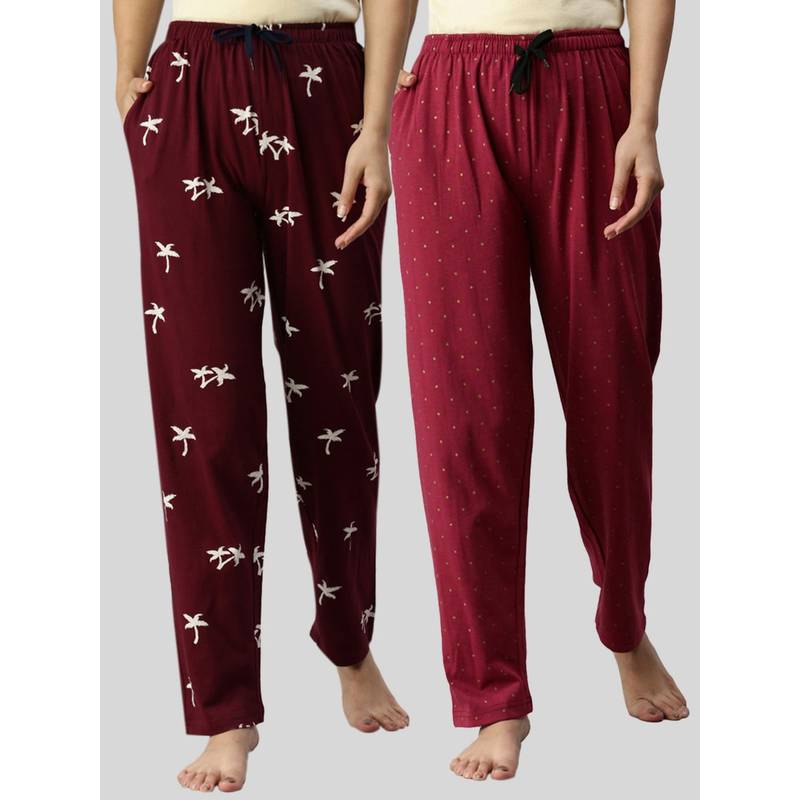 Kryptic Women Maroon Printed Pure Cotton Lounge Pants (Pack of 2) (S)