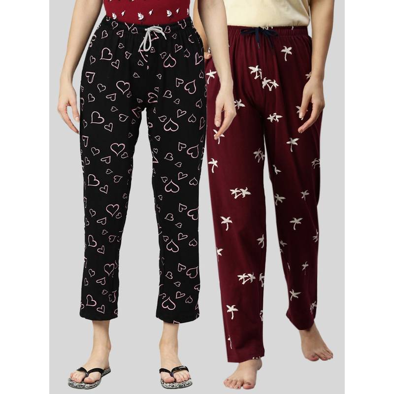 Kryptic Women Maroon & Black Printed Pure Cotton Lounge Pants (Pack of 2) (L)