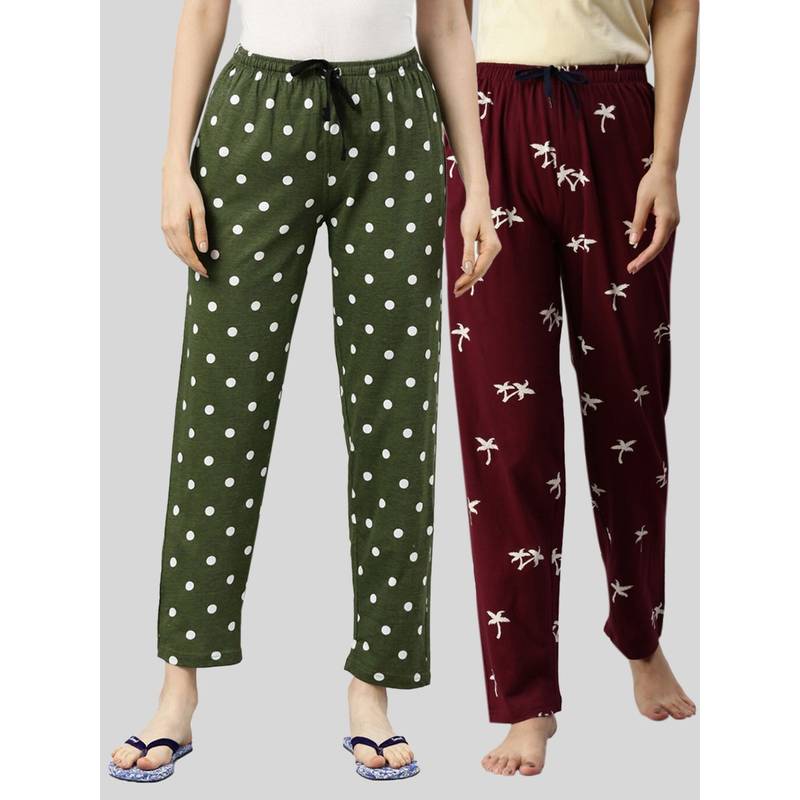 Kryptic Women Green & Maroon Printed Pure Cotton Lounge Pants (Pack of 2) (S)