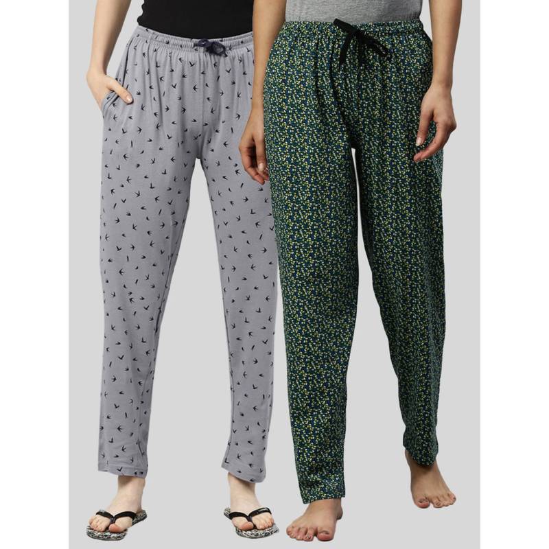 Kryptic Women Grey & Green Printed Pure Cotton Lounge Pants (Pack of 2) (S)