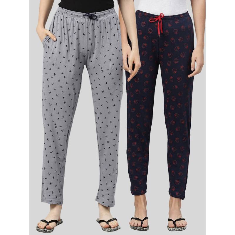 Kryptic Women Grey & Navy Printed Pure Cotton Lounge Pants (Pack of 2) (S)