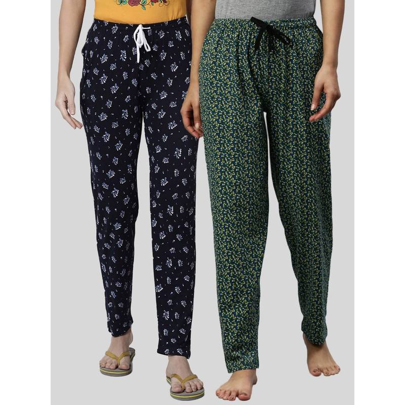 Kryptic Women Green & Navy Printed Pure Cotton Lounge Pants (Pack of 2) (S)