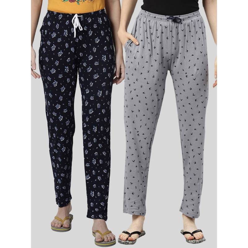 Kryptic Women Grey & Navy Printed Pure Cotton Lounge Pants (Pack of 2) (S)