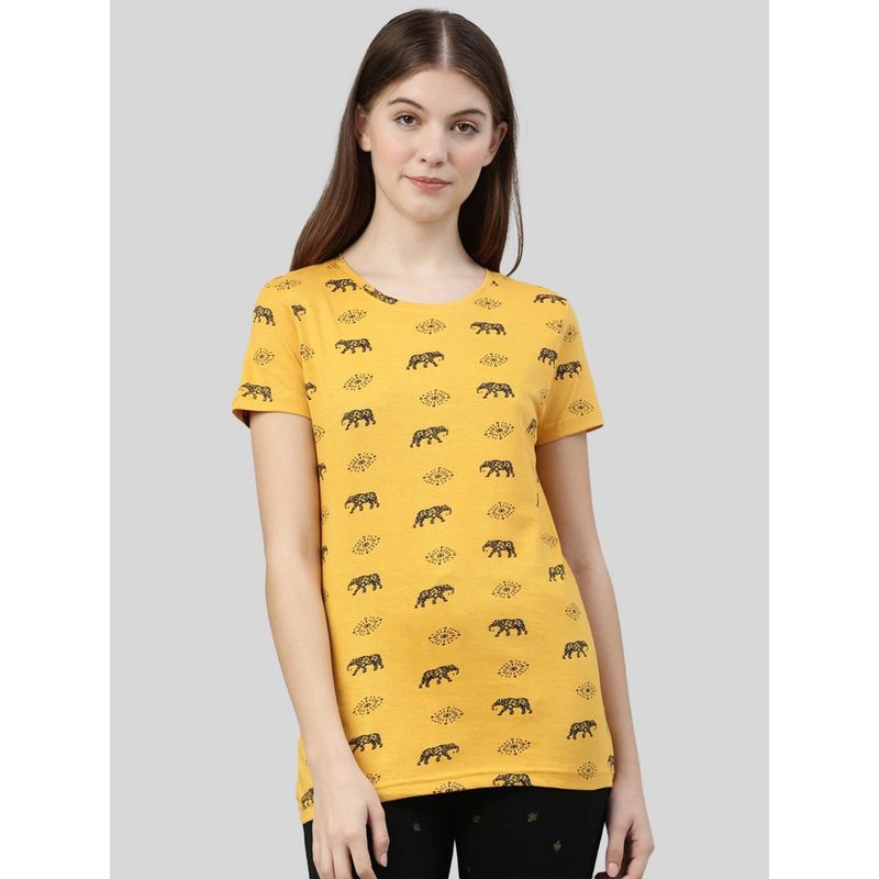 Kryptic Mustard Cotton Printed Lounge T-Shirt (L)