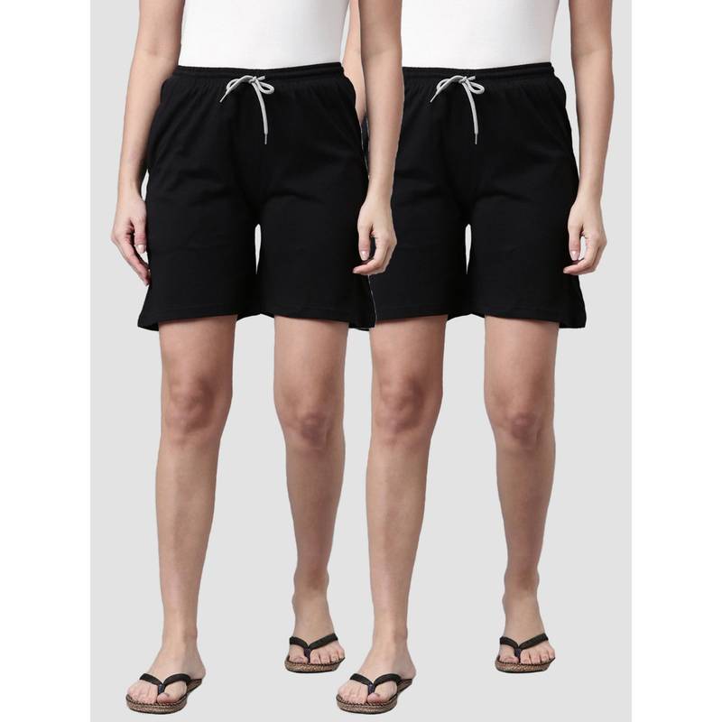 Kryptic Women Black Solid Cotton Lounge Shorts (Pack of 2) (M)