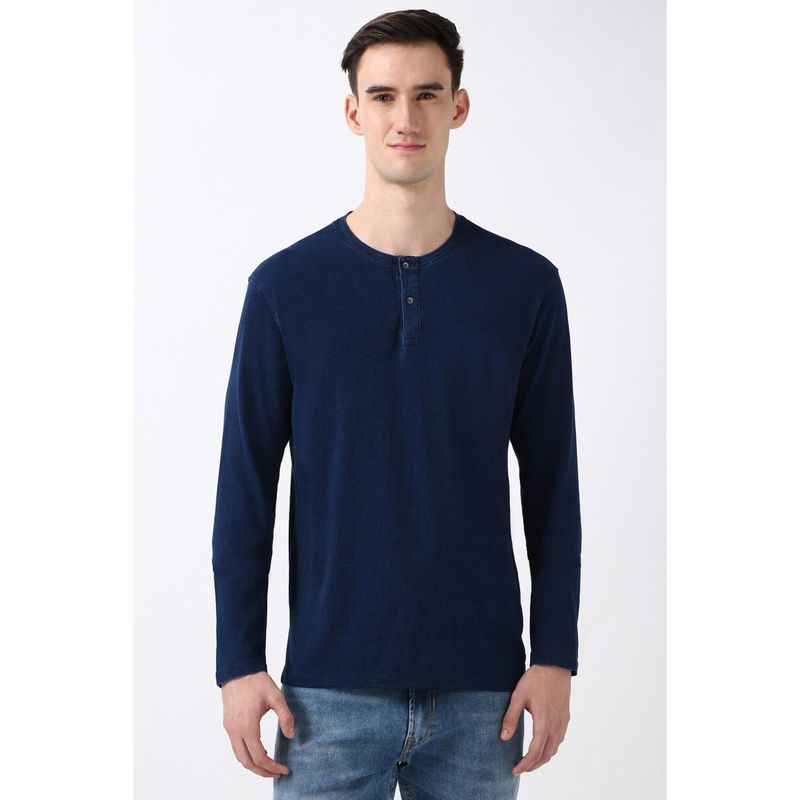 Peter England Men Navy Solid Henley Neck Round Neck T-Shirts (S)