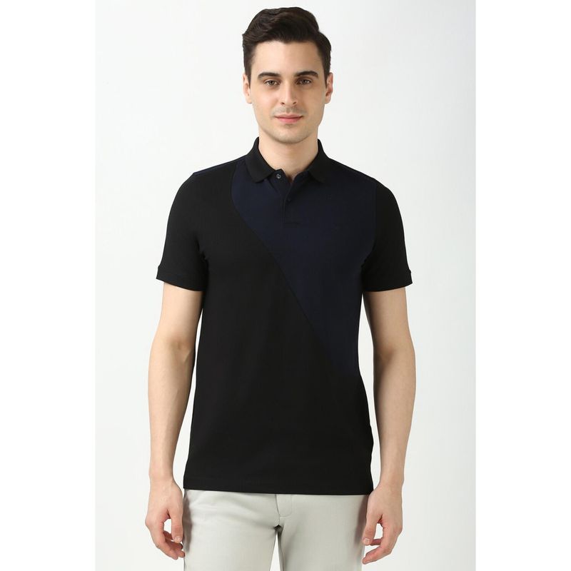 Peter England Men Black Print Polo Neck T-Shirts (S)