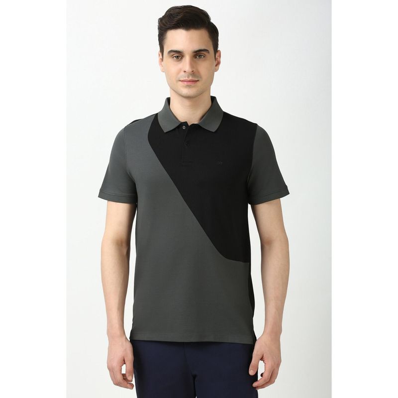 Peter England Men Grey Print Polo Neck T-Shirts (M)