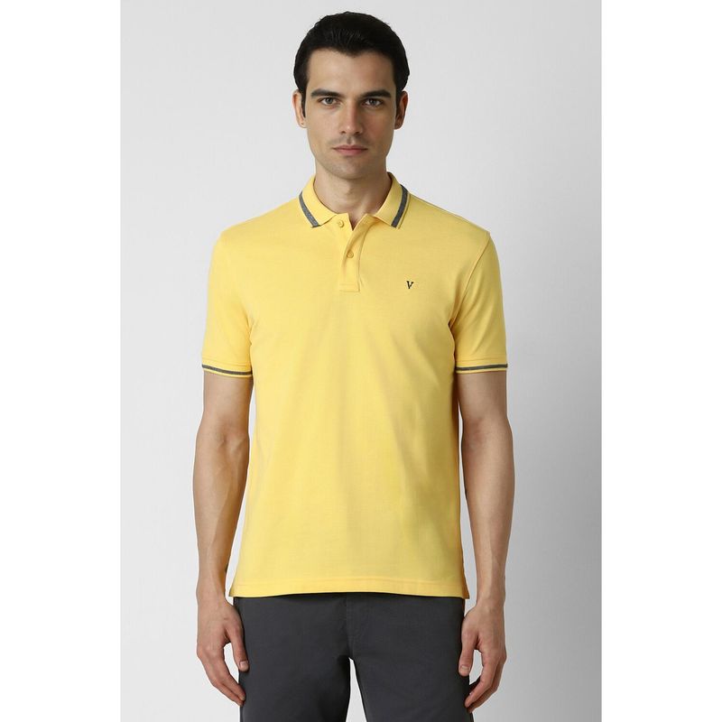 Van Heusen Men Yellow Solid Polo Neck T-Shirt (M)