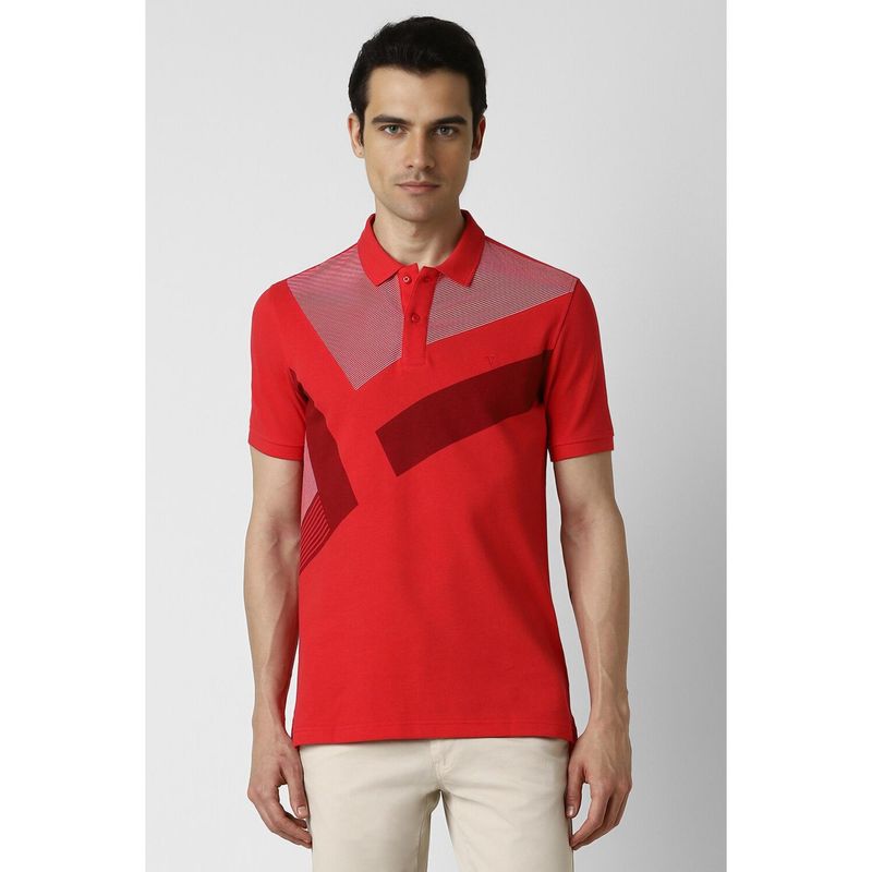 Van Heusen Men Red Patterned Polo Neck T-Shirt (S)