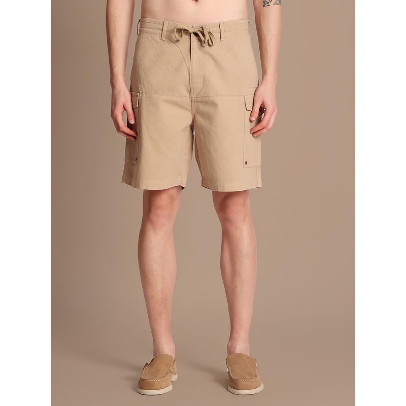 Bene Kleed Men Solid Mid-Rise Relaxed Fit Beige Cargo Shorts (28)