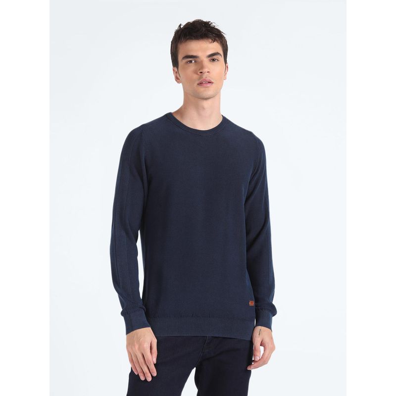 Flying Machine Pure Cotton Textured Navy Blue Sweater (L)