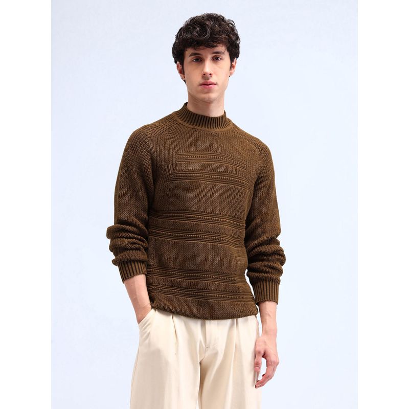 Flying Machine Patterned Knit Cotton Brown Sweater (S)