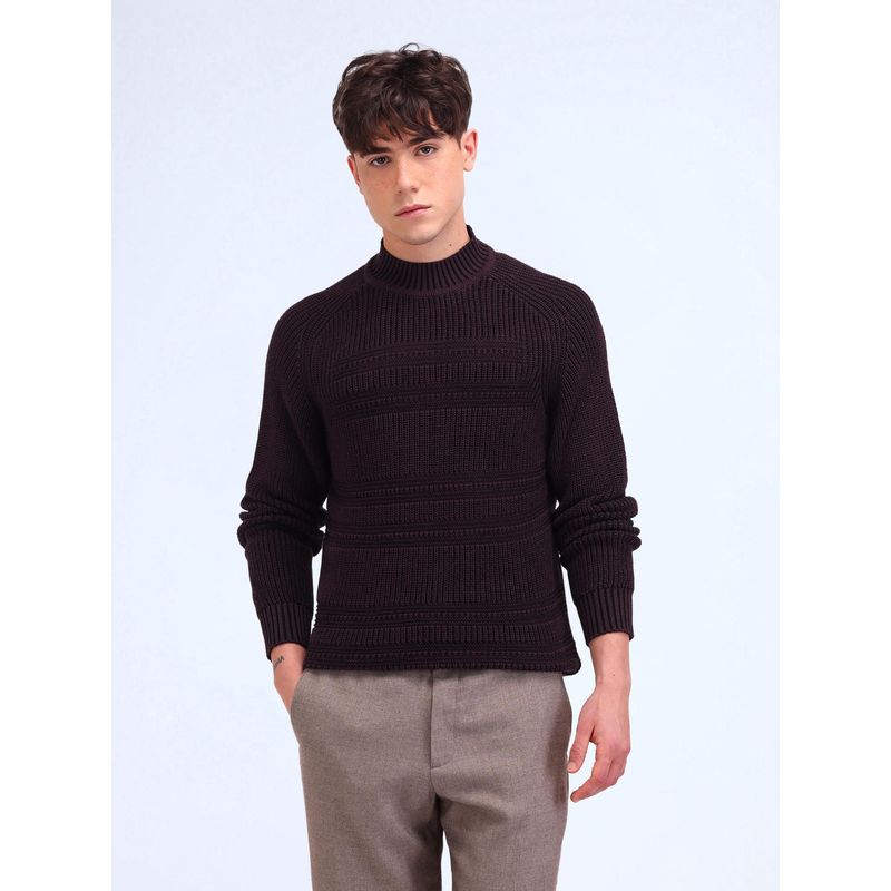 Flying Machine Textured Crew Neck Purple Sweater (S)