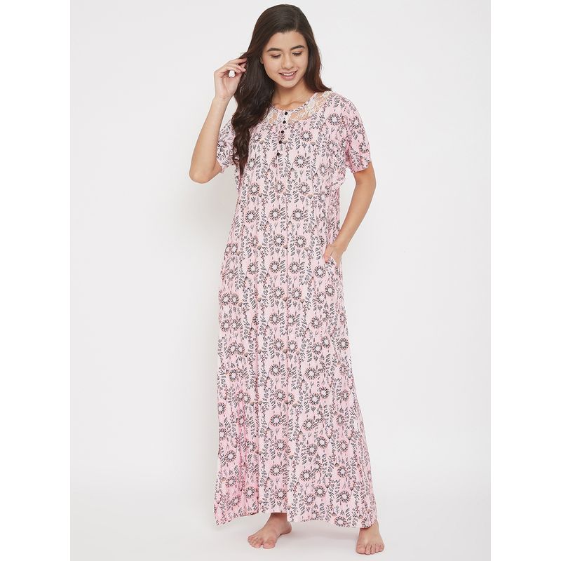 The Kaftan Company Floral Printed Cotton Modal Maxi Nightdress With Lace Yoke - Pink (S)