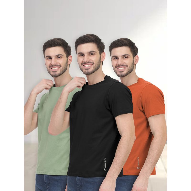 FREECULTR Green, Black & Orange Men's Cotton Solid Crew Neck Half Sleeve T-Shirts (Set of 3) (S)