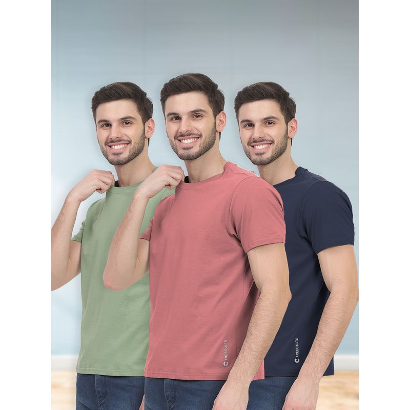 FREECULTR Green, Pink & Navy Men's Cotton Solid Crew Neck Half Sleeve T-Shirts (Set of 3) (L)