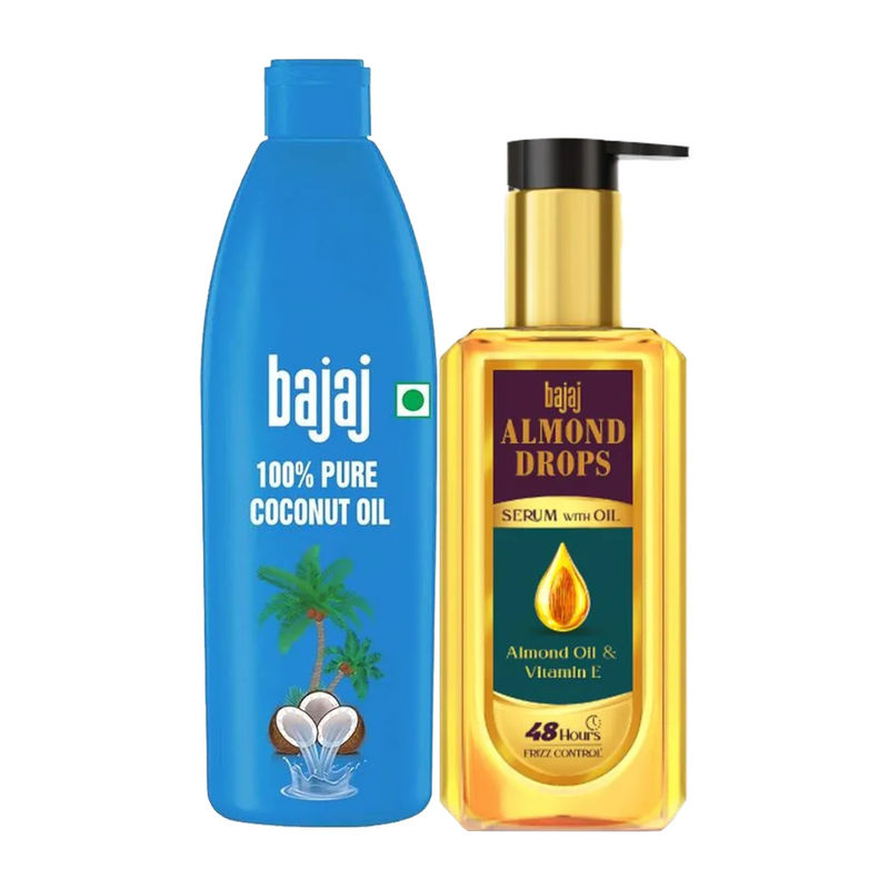Bajaj 100 Pure Coconut Oil + Bajaj Almond Drops Serum With Almond Oil
