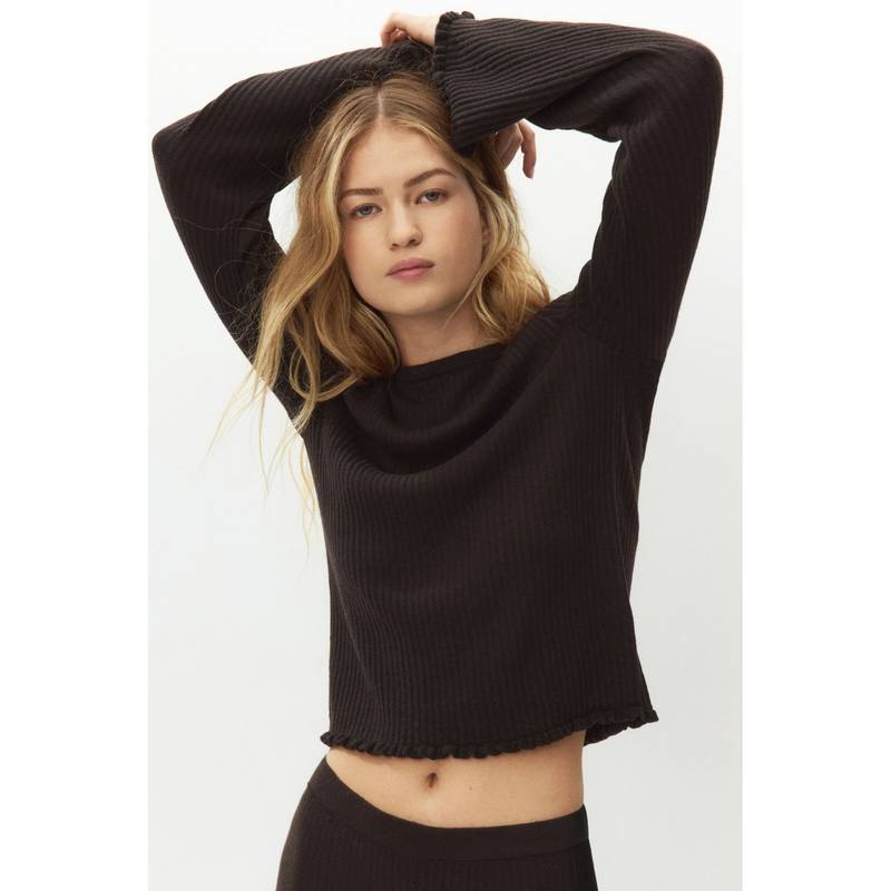 H&M Women Brown Rib-knit linen-blend top (M) (M)